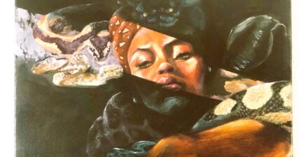 Painting by Nofo Porter of a woman in a headwrap intertwined with multiple snakes.