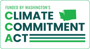 Logo for CCA with picture of Washington State and text "Funded by Washington's Climate Commitment Act"