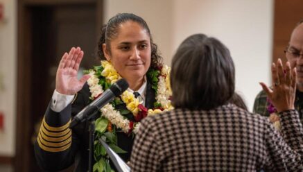 Tacoma Fire Chief being sworn in by Mayor Victoria Woodards.