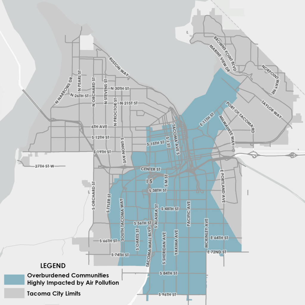 Map showing overburdened communities highly impacted by air quality - primarily covered South Tacoma, the South End, Eastside and Hilltop.