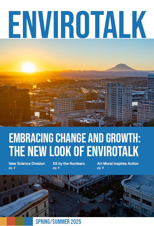 Envirotalk cover page with a photo of a sunrise over the city of Tacoma.