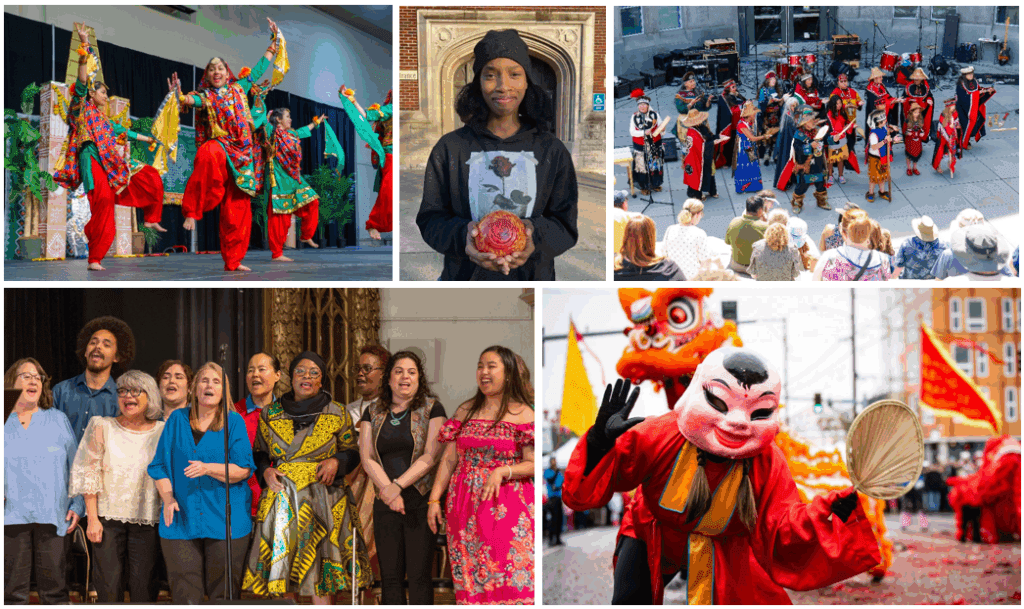 Previously funded projects have included (clockwise from upper left: arts and cultural programming at Asia Pacific Cultural Center’s New Year Celebration; Hilltop Artists’ creation and distribution of glass art for Tacoma Monkeyshines; arts and cultural programming at Washington State History Museum’s In The Spirit festival; arts and cultural programming at the Lincoln District Lunar New Year Festival; and music concerts by Tacoma Refugee Choir.