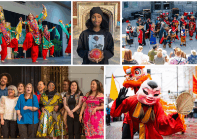 Previously funded projects have included (clockwise from upper left: arts and cultural programming at Asia Pacific Cultural Center’s New Year Celebration; Hilltop Artists’ creation and distribution of glass art for Tacoma Monkeyshines; arts and cultural programming at Washington State History Museum’s In The Spirit festival; arts and cultural programming at the Lincoln District Lunar New Year Festival; and music concerts by Tacoma Refugee Choir.