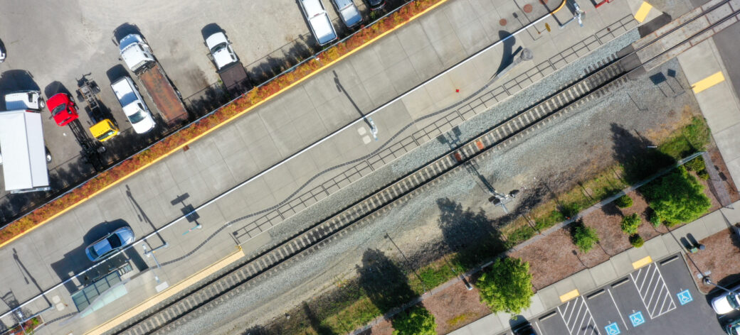 Aerial view of the Sounder station boarding areas near South Adams Street and South 60th Street