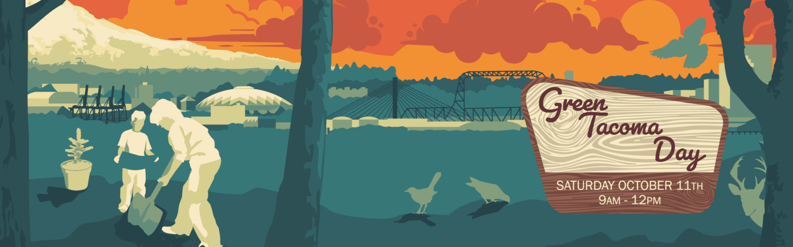 An artistic, retro-style illustration of two children planting a small tree in a field. A deer stands nearby, and behind them is a stylized cityscape with Mt. Rainier in the background. The sky is an orange and red gradient, with silhouetted trees framing the scene. A decorative wooden sign in the foreground reads