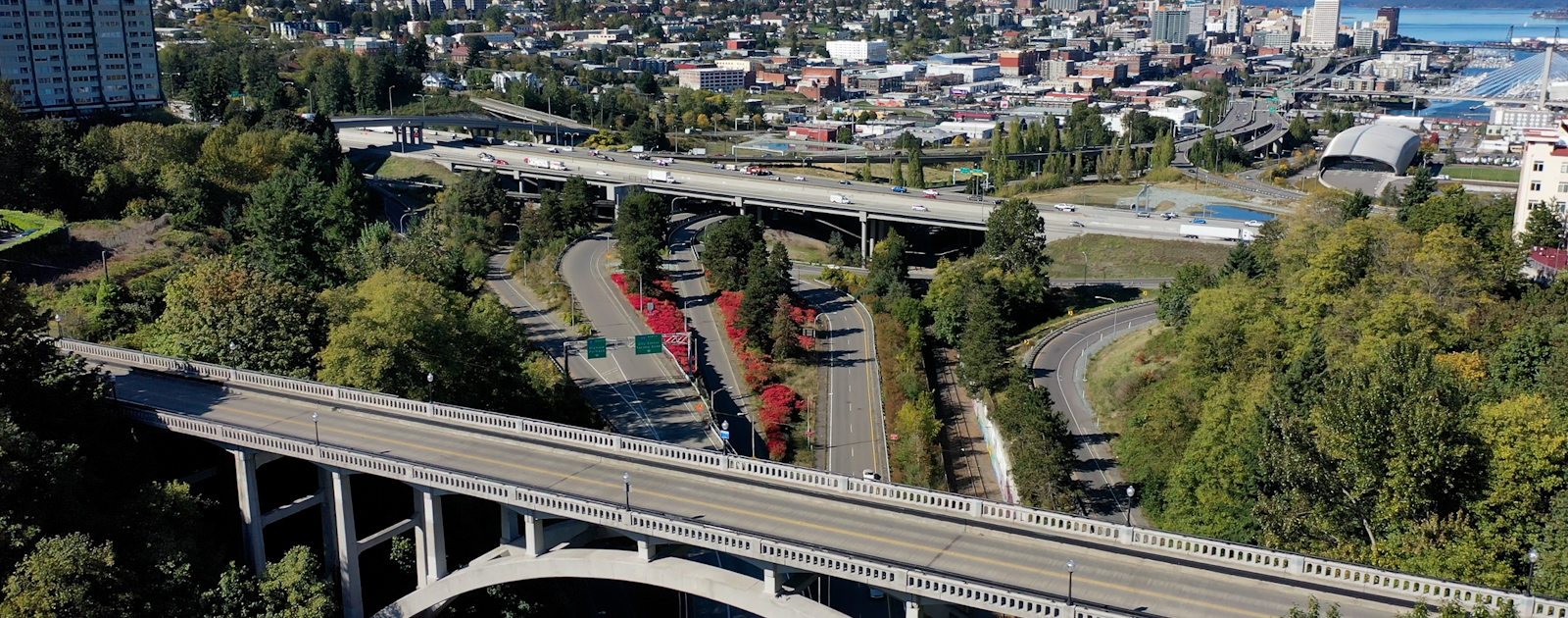 Photo of a bridge in the City of Tacoma from above.