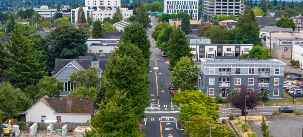Drone photo of J Street showing new bicycle and intersection infrastructure.