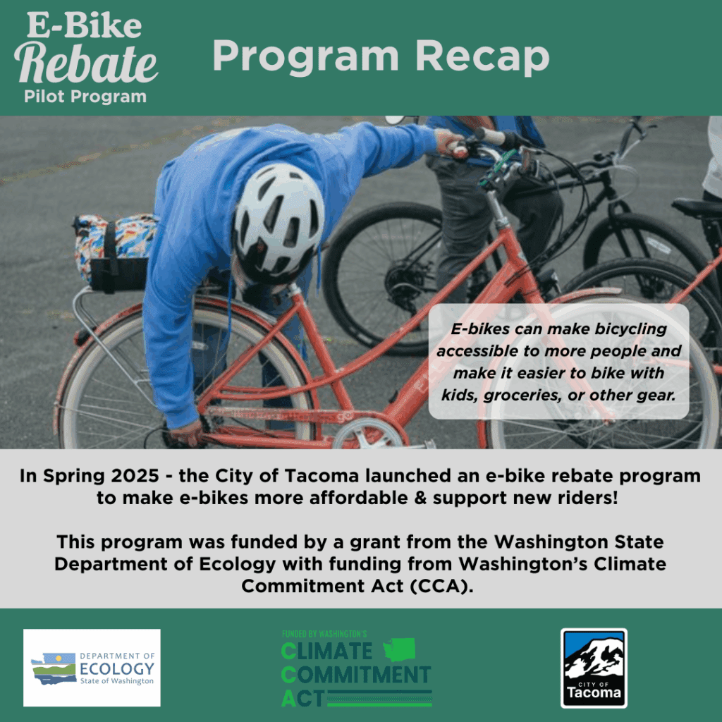 A promotional flyer-style page titled “E-Bike Rebate Pilot Program” from the City of Tacoma. It features bold text announcing the launch of an e-bike rebate program in Spring 2025, funded by the Washington State Department of Ecology through the Climate Commitment Act. The page emphasizes that e-bikes make bicycling more accessible, especially for carrying kids, groceries, or gear. The design uses large, friendly fonts and a clean layout to highlight the program’s goals and benefits.