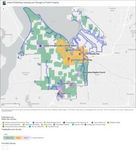 Areas where camping and personal belong storage are prohibited on public property.
