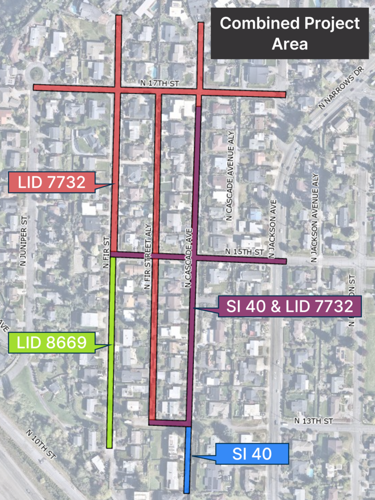 A map highlighting the streets affected by LID 7732. Adjacent areas for the projects "SI 40" and "LID 8669" are shown as well; they extend south along Fir Street to the dead end, and south one block along Cascade Avenue, respectively.