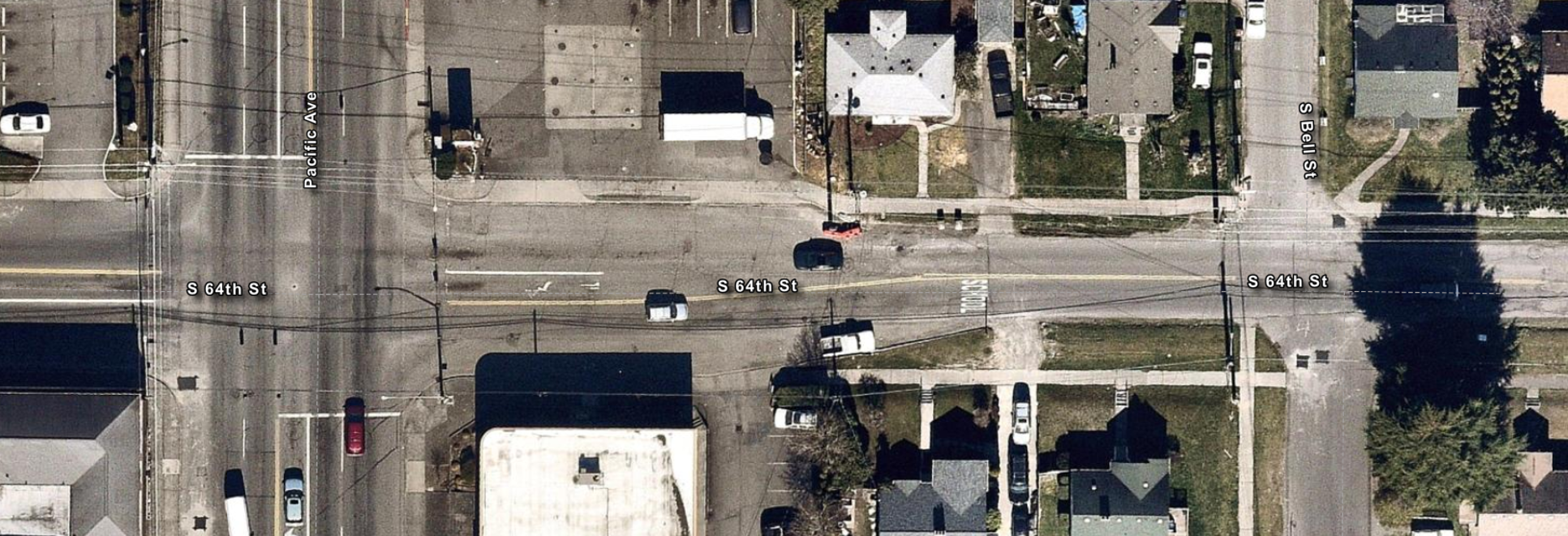 Aerial imagery of East 64th Street Between Pacific Ave and S Bell St, Before 64th Street project