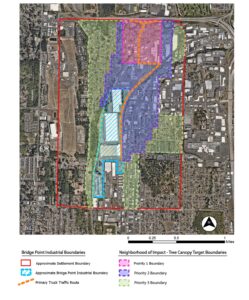 Color coded project area map showing the approximate settlement boundary, Bridge Point industrial boundary, primary truck route, and Priority 1, 2, and 3 canopy target areas.