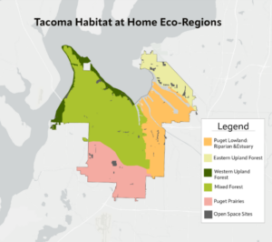 Color coded map of Tacoma Habitat for Home five ecoregions.
