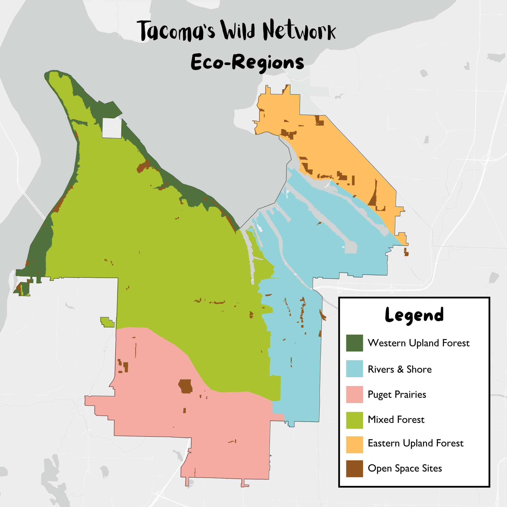 Color coded map of Tacoma Habitat for Home five ecoregions.