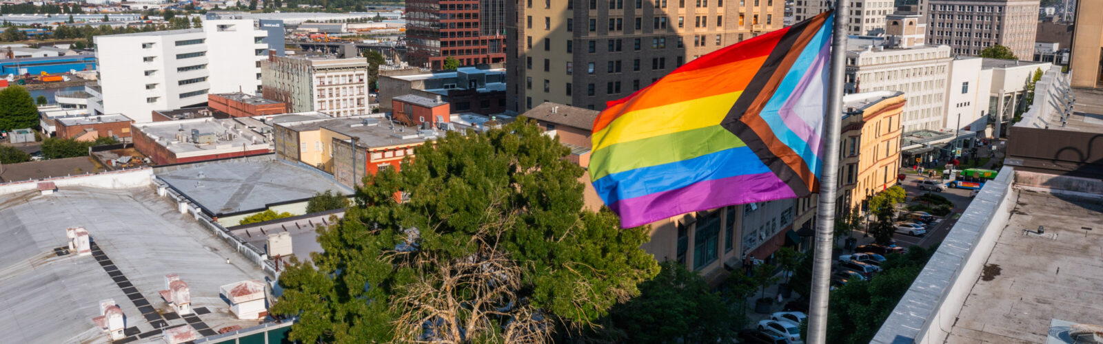Pride flag at the Tacoma Municipal Building.