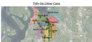color-coded map of Tacoma with green and orange dots indicating where public garbage cans have been installed.