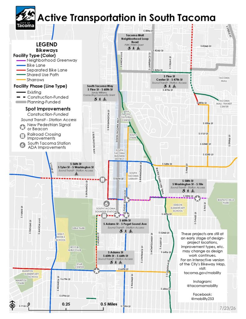 Map of active transportation project plans in South Tacoma.