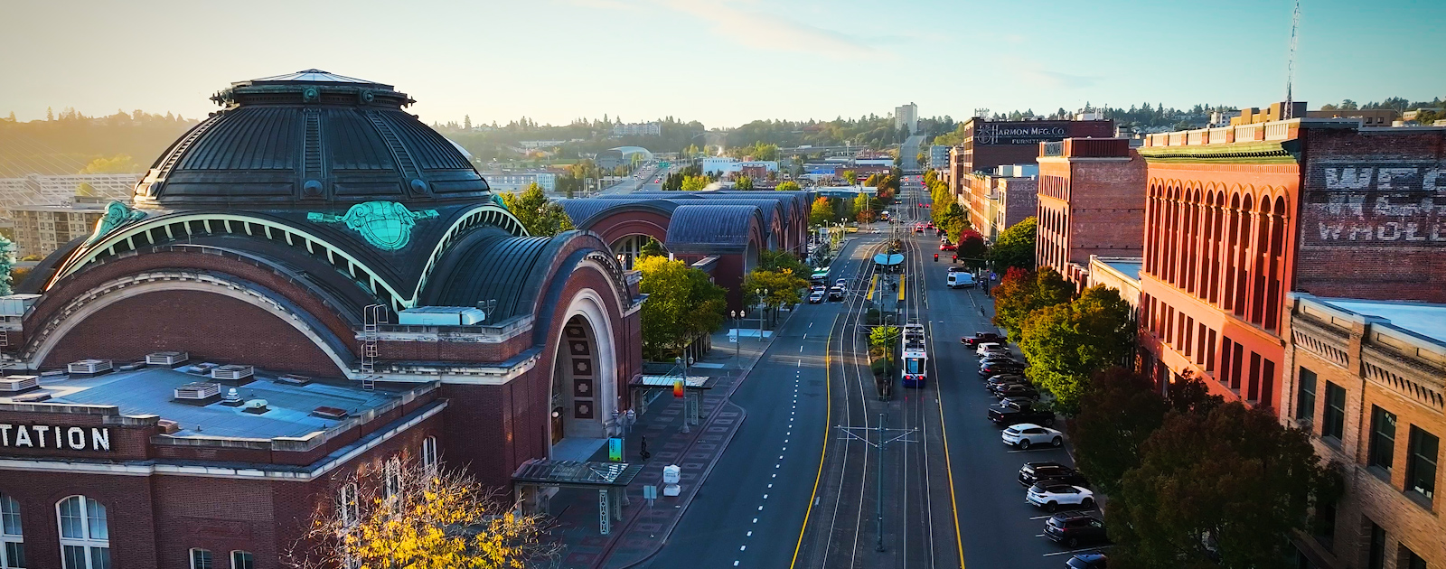 Downtown Tacoma in fall showing Union Station along Pacific Avenue