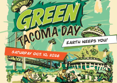 Illustrated Green Tacoma Day poster featuring Tacoma landmarks, volunteers and playful alien characters planting and caring for green spaces. Text reads: “Green Tacoma Day: Earth Needs You! Saturday, Oct. 10, 2026, 9 AM–12 PM.” Green Tacoma Partnership logo appears at the bottom.
