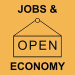 Jobs and Economy goal area icon: a hanging shop sign that reads Open.
